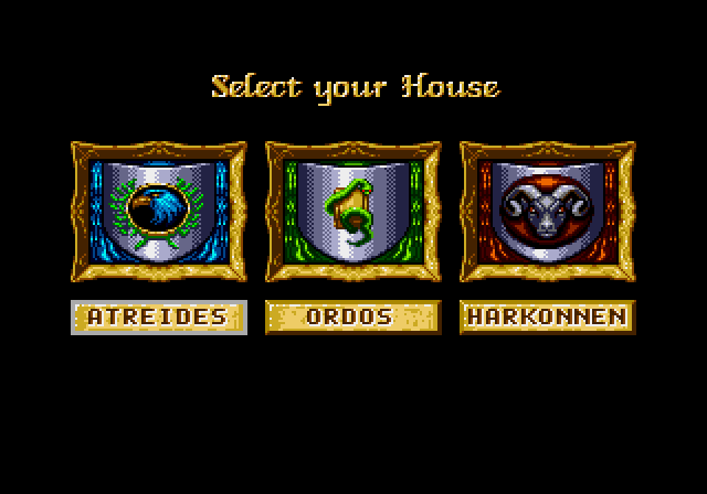 House selection: Atreides, Ordos and Harkonnen shields
